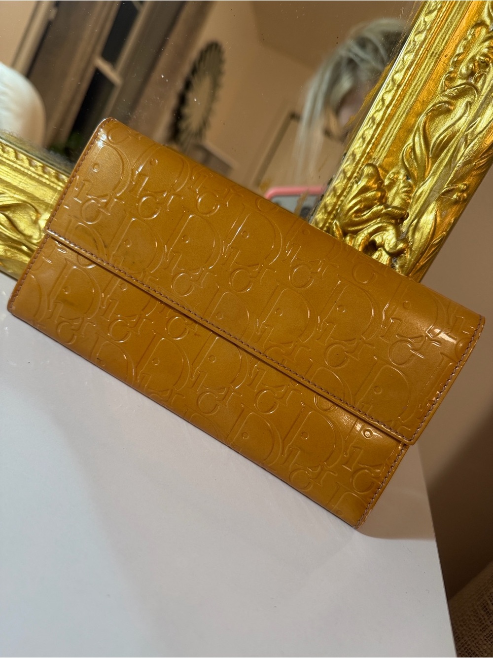 DIOR Patent Leather Envelope Clutch in Yellow AUTHENTIC